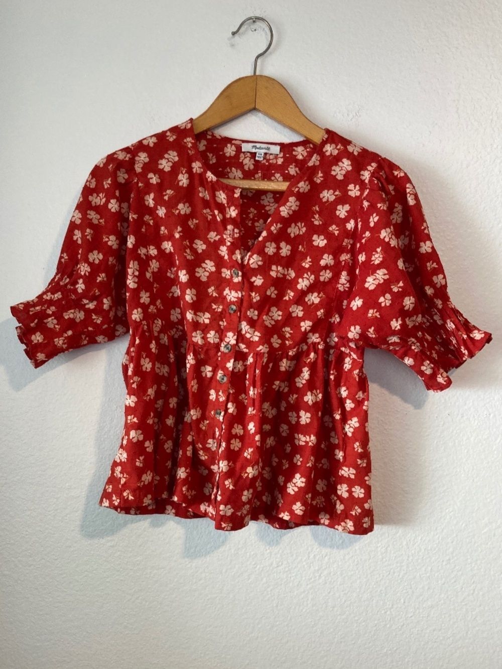 Madewell Puff-Sleeve Button-Front Top Swiss Dot Happy Hibiscus Rust Red XXS